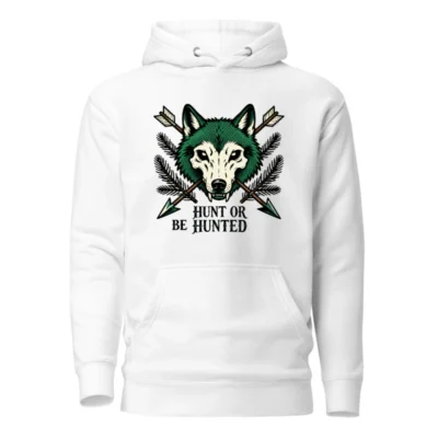 Unisex Premium Pullover Hoodie - Wolf Skull & Arrows Design | Hunt or Be Hunted