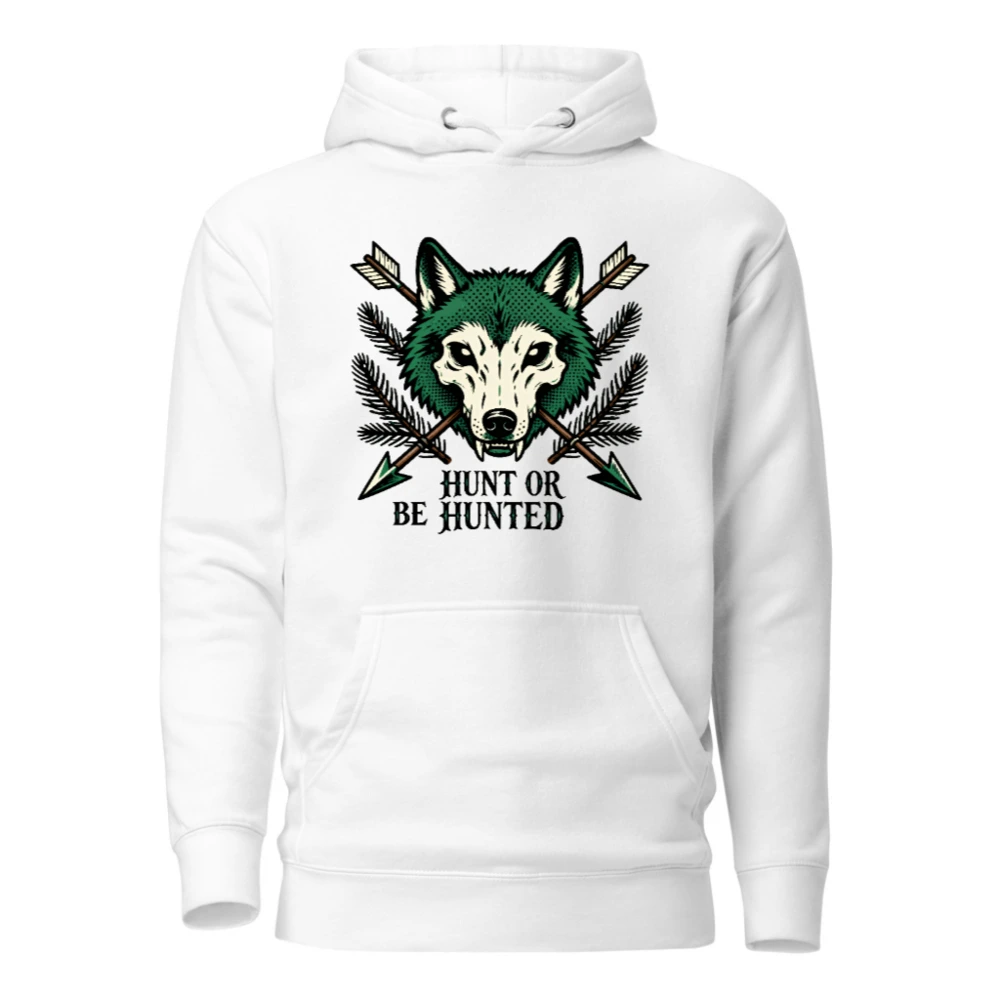 Unisex Premium Pullover Hoodie - Wolf Skull & Arrows Design | Hunt or Be Hunted