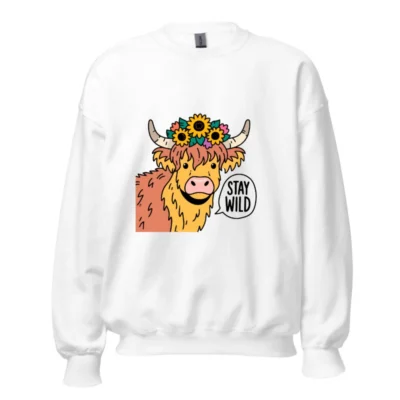 Unisex Highland Cow Sweatshirt - Stay Wild Floral Horned Bull Crew Neck
