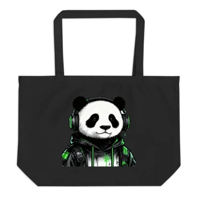 Black Organic Tote Bag with Panda DJ Graphic - Eco-Friendly & Sustainable