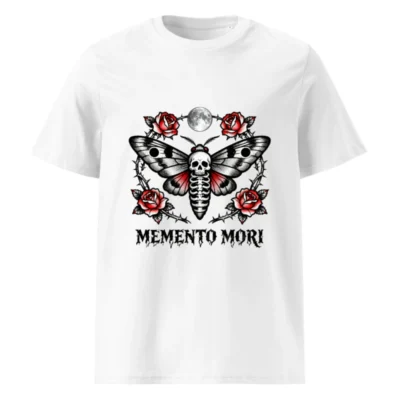 Memento Mori Moth T-Shirt - Unisex Organic Cotton Tee with Skull & Roses Design