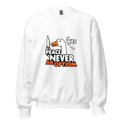 Unisex Crew Neck Sweatshirt: Peace Never Was an Option - Duck with Knife Graphic