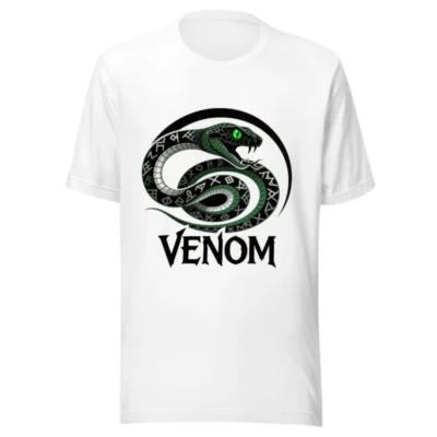 Unisex Staple T-Shirt with Venom Snake Design - Green Eye, Rune Patterns, Bold 'VENOM' Text