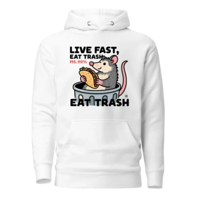 Unisex Premium Pullover Hoodie - Live Fast, Eat Trash, MS.90% Opossum Taco Design