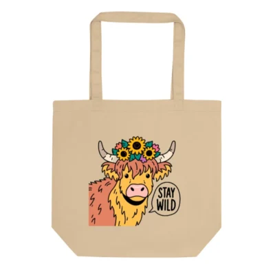 Eco Oyster Tote Bag | Sustainable Canvas Tote with Wild Cow Design & 'Stay Wild' Quote