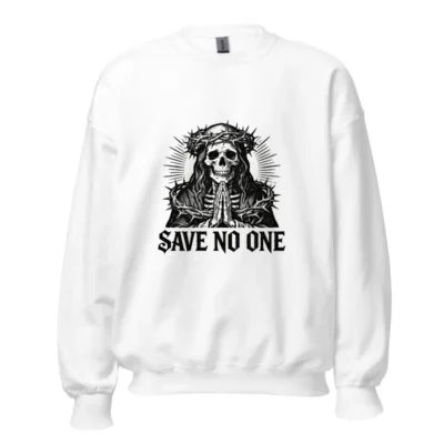 Unisex Crew Neck Sweatshirt - Skull with Crown of Thorns, 'Save No One' Gothic Design