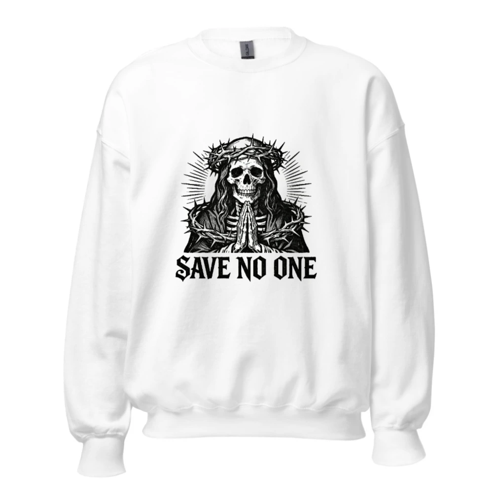 Unisex Crew Neck Sweatshirt - Skull with Crown of Thorns, 'Save No One' Gothic Design