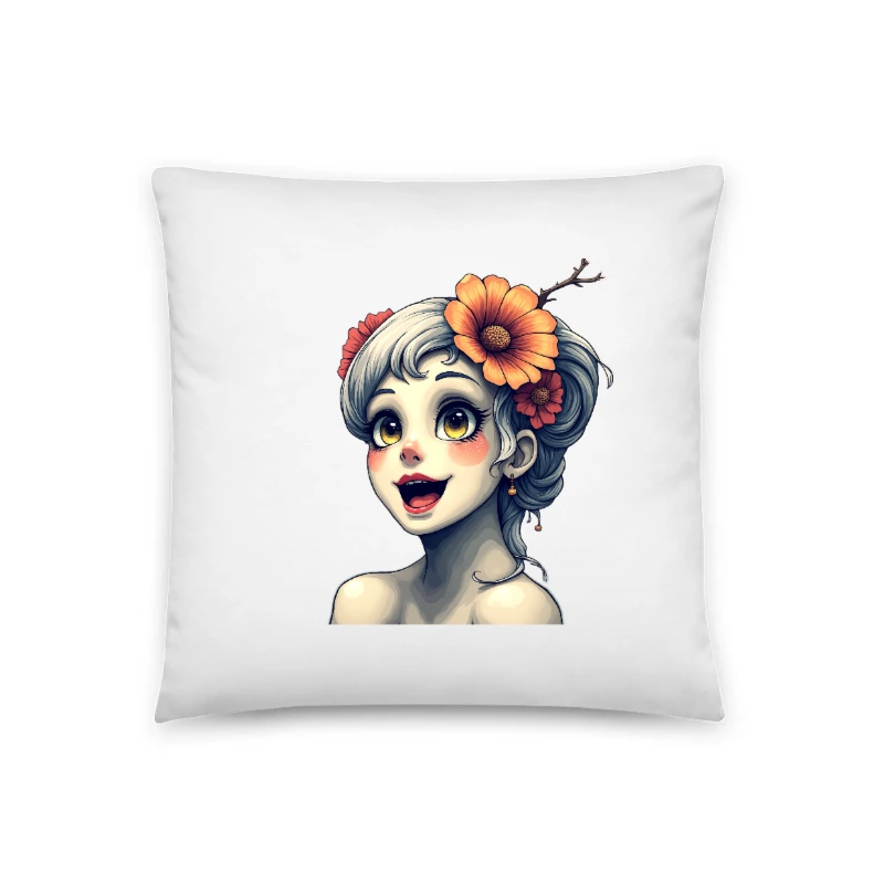 18" x 18" Basic Pillow with Anime Girl Floral Hair Design - Soft Cotton Blend