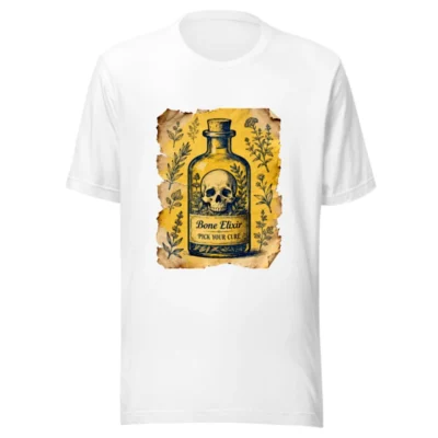 Bone Elixir Unisex T-Shirt | Vintage Apothecary Skull & Herbs Design