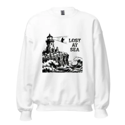 Lost at Sea Lighthouse Sweatshirt | Unisex Crew Neck, Black & White Nautical Design