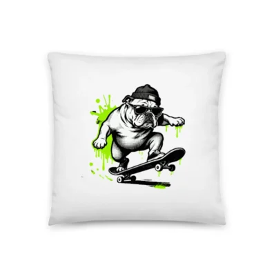 Skateboarding Bulldog Pillow - 18" x 18" Basic Pillow with Green Splatter Art