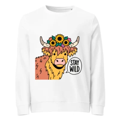Unisex Organic Cotton Sweatshirt | Highland Cow with Sunflowers | Stay Wild