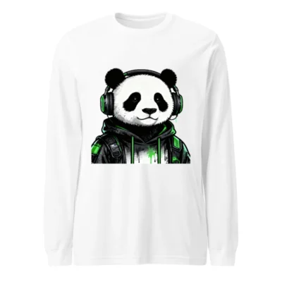 Panda Gamer Long Sleeve Tee - Green Headphones & Hoodie Design Unisex