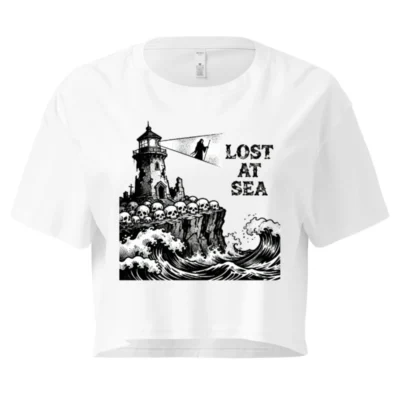 Lost at Sea Women's Crop Top - Gothic Lighthouse Skull Design, Black & White Graphic Tee