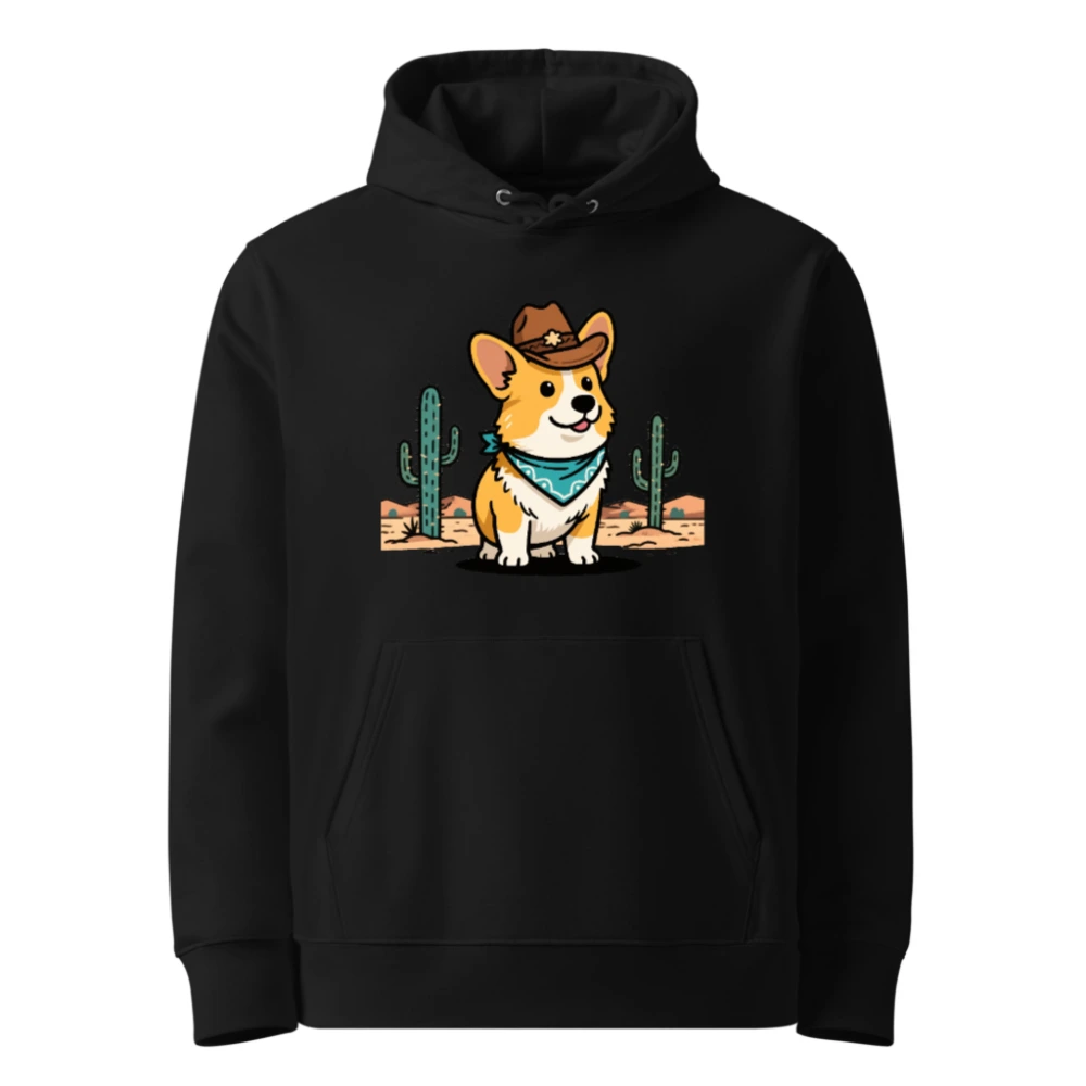 Unisex Eco Hoodie - Corgi Cowboy Cartoon Design, Sustainable Cotton Blend