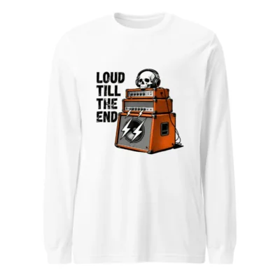Loud Till The End Unisex Long Sleeve Tee - Orange Amps & Skull Graphic