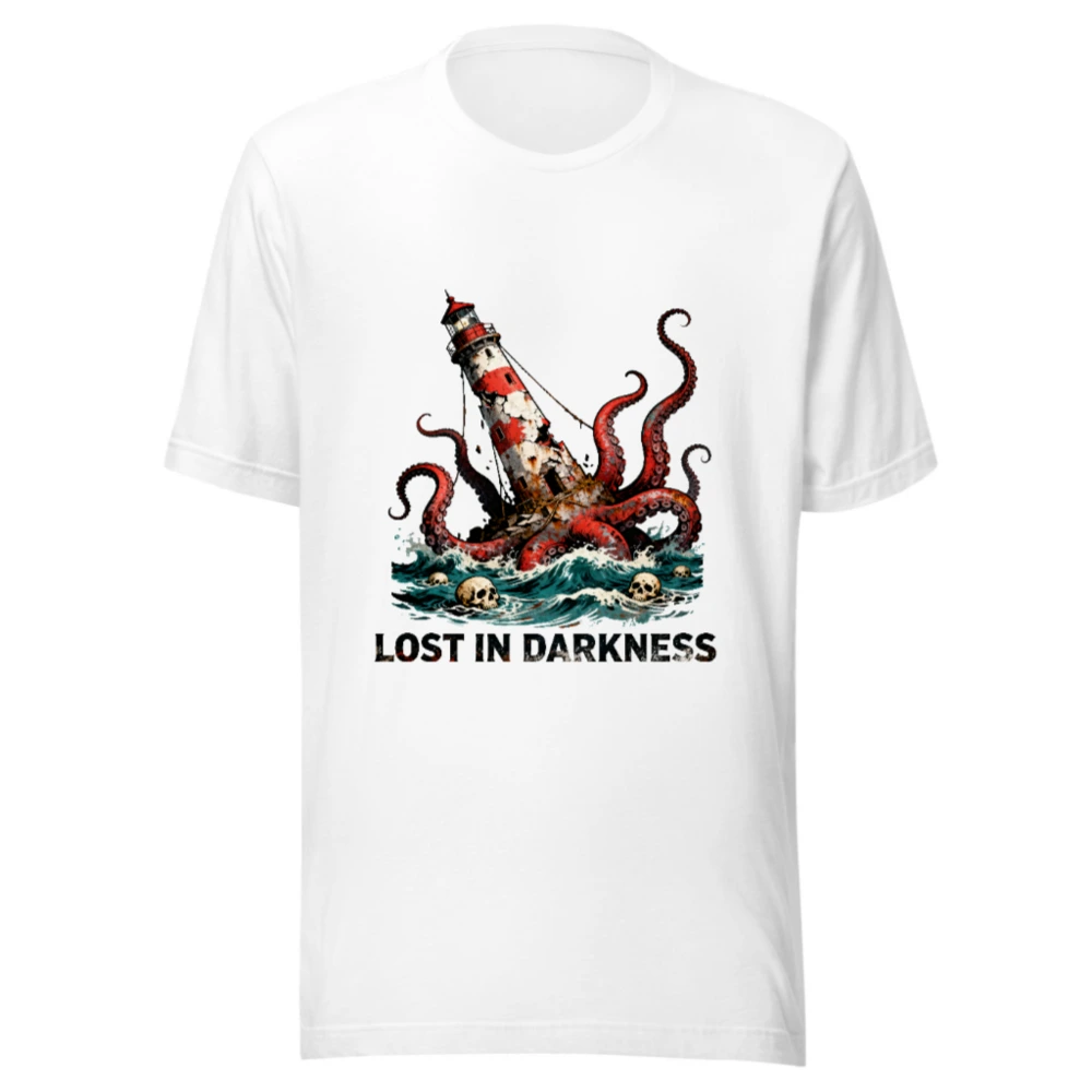 Unisex Staple T-Shirt: Octopus Attacks Lighthouse - Lost in Darkness