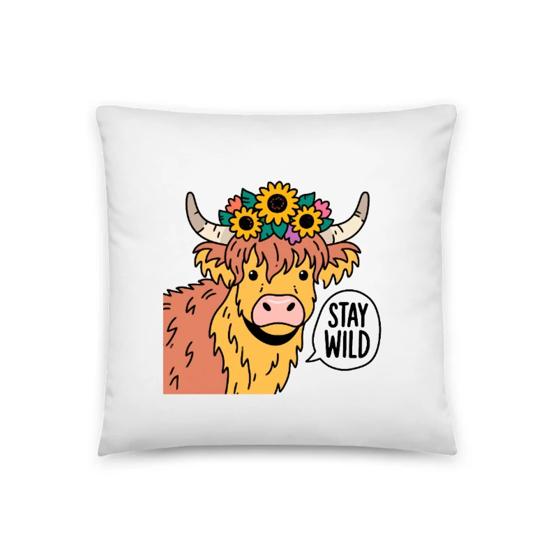 Highland Cow Pillow - 18"x18" Floral Horned Cow Decorative Cushion, Stay Wild Design