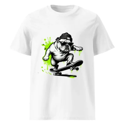 Unisex Organic Cotton T-Shirt | Bulldog Skateboarder Graphic - Green Splatter Design