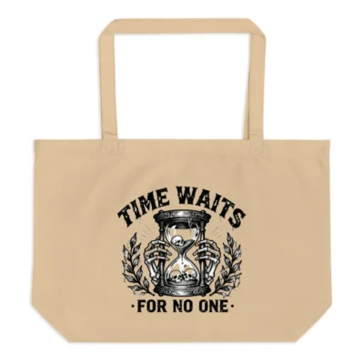 Organic Tote Bag - Time Waits For No One Hourglass Skull Design