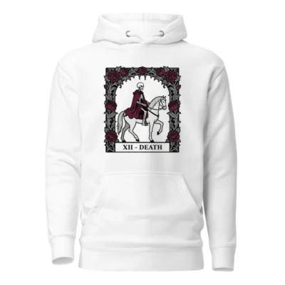 Unisex Premium Pullover Hoodie - Death Tarot Card Design, XII - Death, Gothic Rose Frame