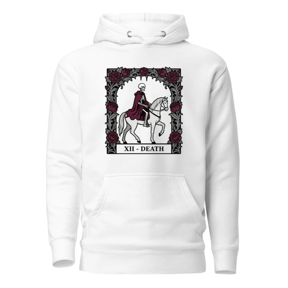 Unisex Premium Pullover Hoodie - Death Tarot Card Design, XII - Death, Gothic Rose Frame