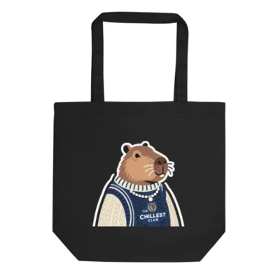 Eco Black Tote Bag | Sustainable Cotton Tote with Capybara Design & The Chillest Club