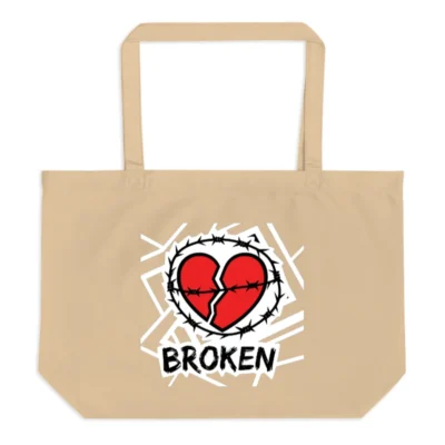 Large Organic Tote Bag with Broken Heart & Barbed Wire Design - Eco-Friendly Canvas