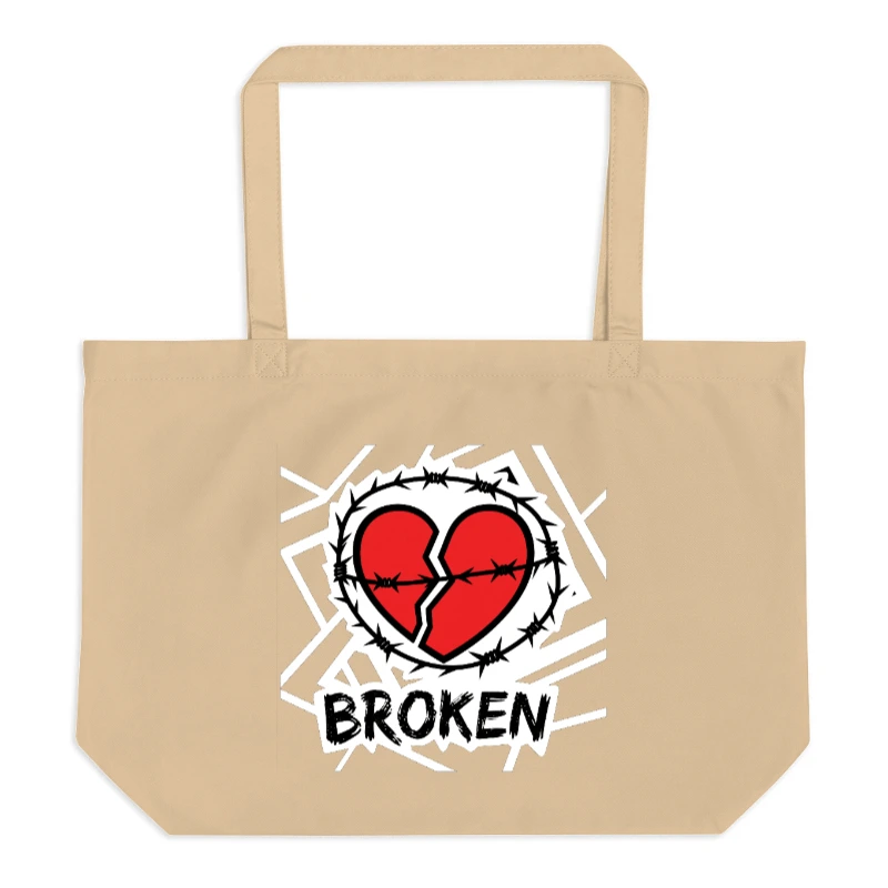 Large Organic Tote Bag with Broken Heart & Barbed Wire Design - Eco-Friendly Canvas