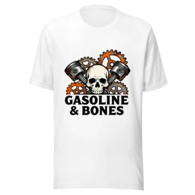 Gasoline & Bones Unisex T-Shirt - Skull, Pistons & Gears Design