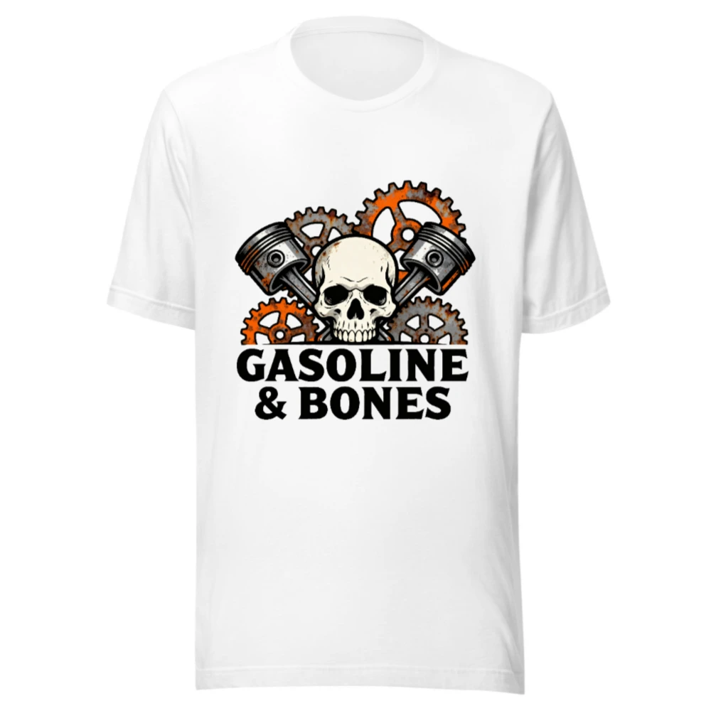 Gasoline & Bones Unisex T-Shirt - Skull, Pistons & Gears Design