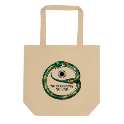 Eco Oyster Tote Bag | Green Snake & Sun Symbol, 'No Beginning No End' Design