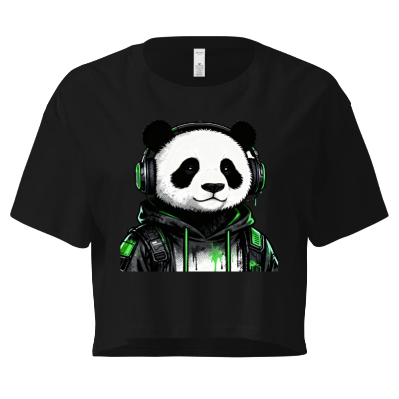 Women's Crop Top with Panda Gamer Design, Green Neon Hoodie & Headphones