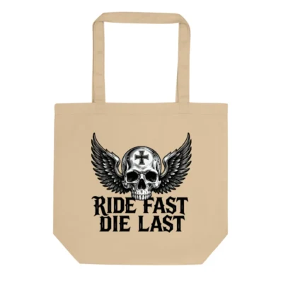 Eco Oyster Tote Bag | Winged Skull 'Ride Fast Die Last' Canvas Tote