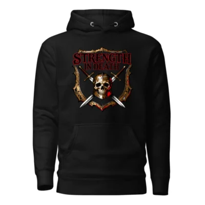 Strength in Death Hoodie - Unisex Premium Pullover with Skull & Swords Shield Design