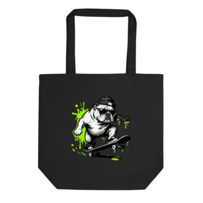Eco Black Tote Bag | Sustainable Canvas Skateboard Bulldog Design