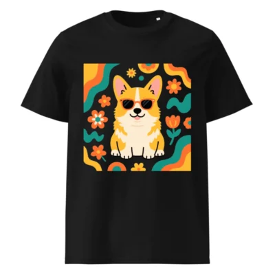 Unisex Organic Cotton T-Shirt with Corgi & Floral Design - Eco-Friendly, Comfortable