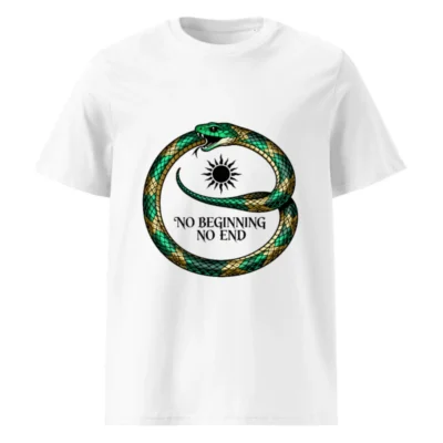 Unisex Organic Cotton T-Shirt - Green & Gold Ouroboros Snake, 'No Beginning No End' Symbol