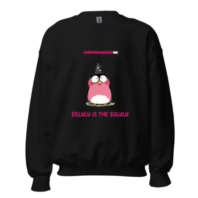 Delulu is the Solulu Unisex Crew Neck Sweatshirt | Pink Owl Witch Design