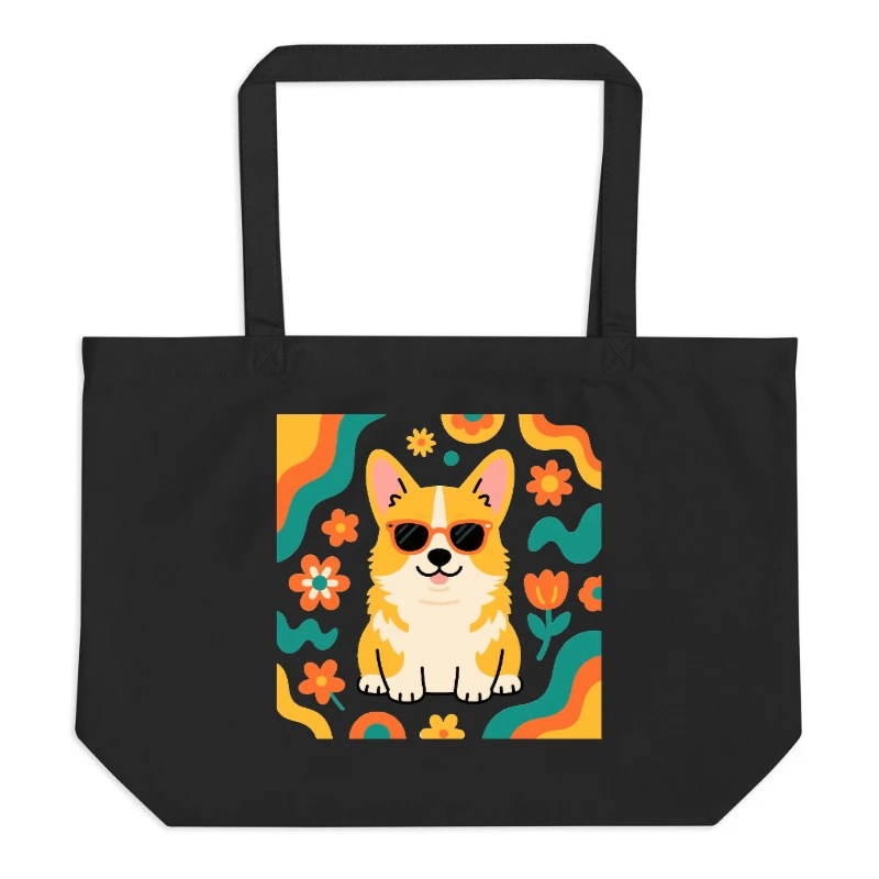 Large Black Organic Tote Bag with Corgi & Floral Design - Eco-Friendly, Sustainable