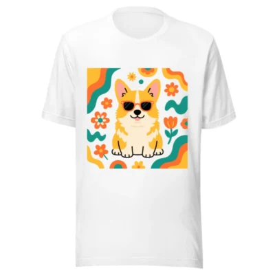 Unisex Corgi Sunnies T-Shirt | Vibrant Floral Design, Comfort Fit