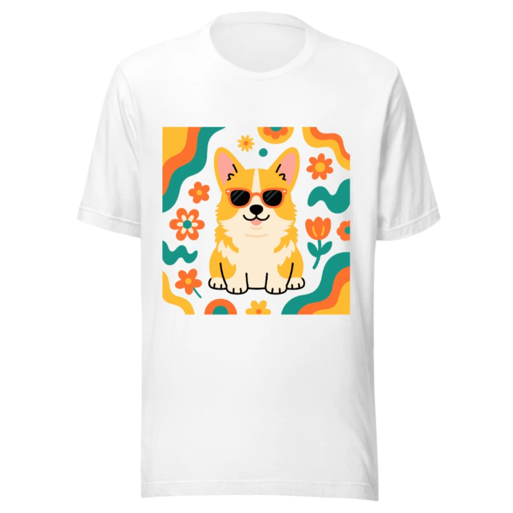 Unisex Corgi Sunnies T-Shirt | Vibrant Floral Design, Comfort Fit