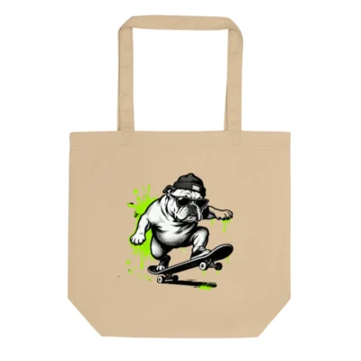 Eco Oyster Tote Bag | Sustainable Canvas Tote with Skateboard Bulldog Graphic