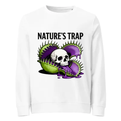 Nature's Trap Unisex Organic Sweatshirt - Green & Purple Venus Flytrap Skull Design