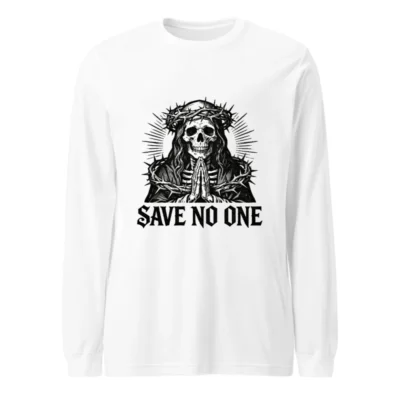 Unisex Long Sleeve Tee - Skull with Crown of Thorns, Praying Hands, 'Save No One' Gothic Design