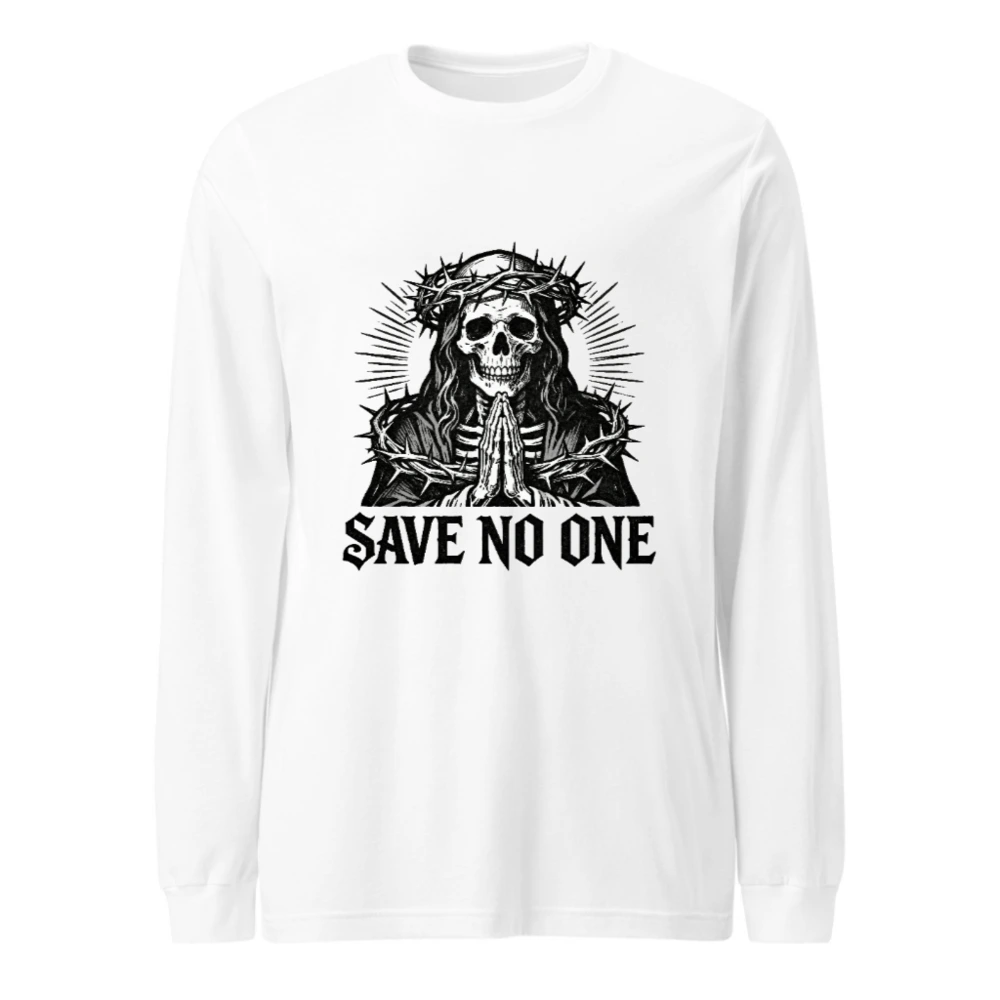 Unisex Long Sleeve Tee - Skull with Crown of Thorns, Praying Hands, 'Save No One' Gothic Design
