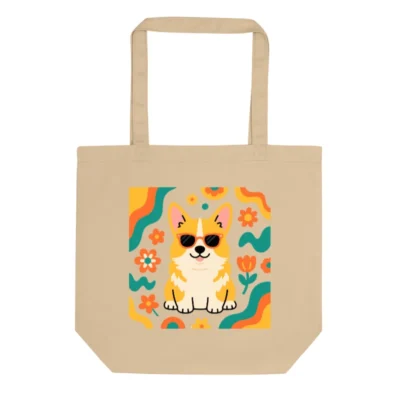 Eco Oyster Tote Bag | Corgi with Sunglasses & Floral Pattern - Sustainable Canvas Tote