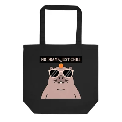 Eco Black Tote Bag | No Drama, Just Chill Capybara Design