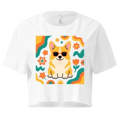 Women's Crop Top with Corgi Sunnies & Floral Pattern - Short Sleeve T-Shirt