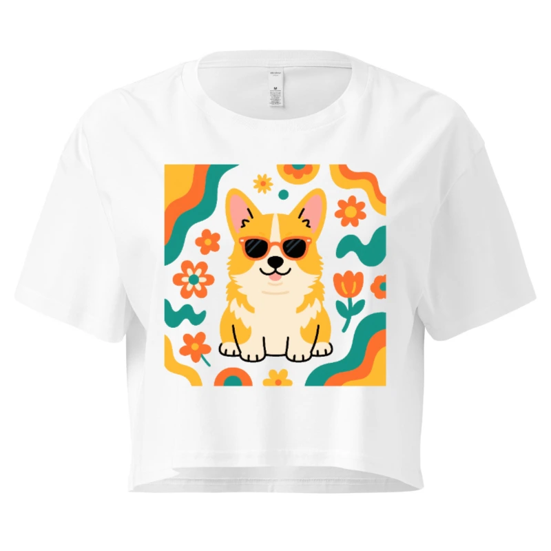 Women's Crop Top with Corgi Sunnies & Floral Pattern - Short Sleeve T-Shirt